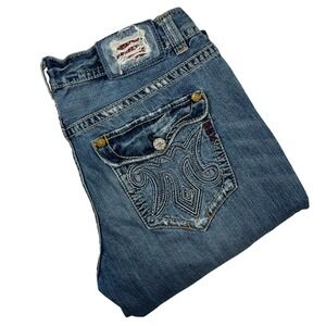 MEK Denim Oaxaca Straight Jeans Mens 38x34 (Fits 36x31) Distressed Embroidered